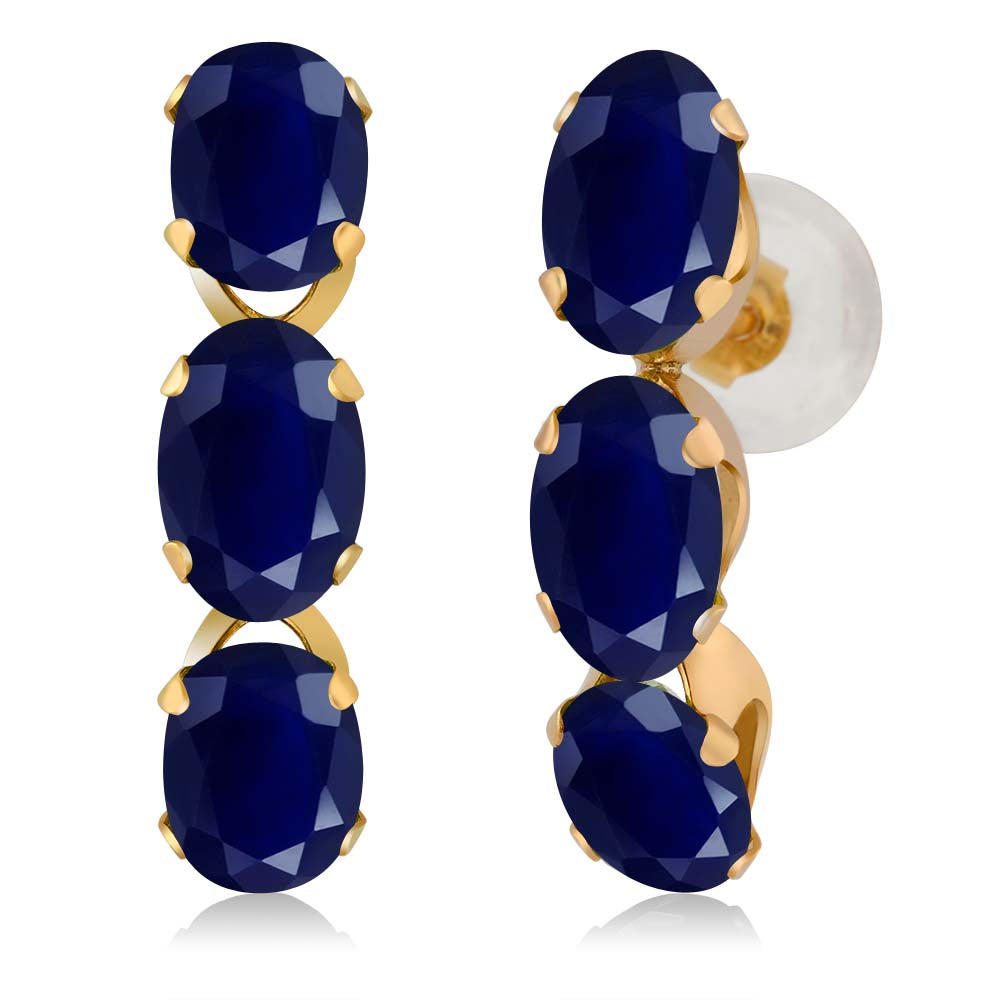 3.30 Cttw 14K Yellow Gold Blue Sapphire Hoop Earrings | Gemstone Birthstone | Gemstone Birthstone | Oval 6X4MM | Gold Earrings For Women