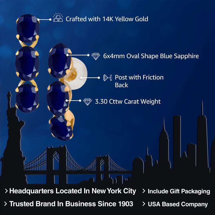 3.30 Cttw 14K Yellow Gold Blue Sapphire Hoop Earrings | Gemstone Birthstone | Gemstone Birthstone | Oval 6X4MM | Gold Earrings For Women