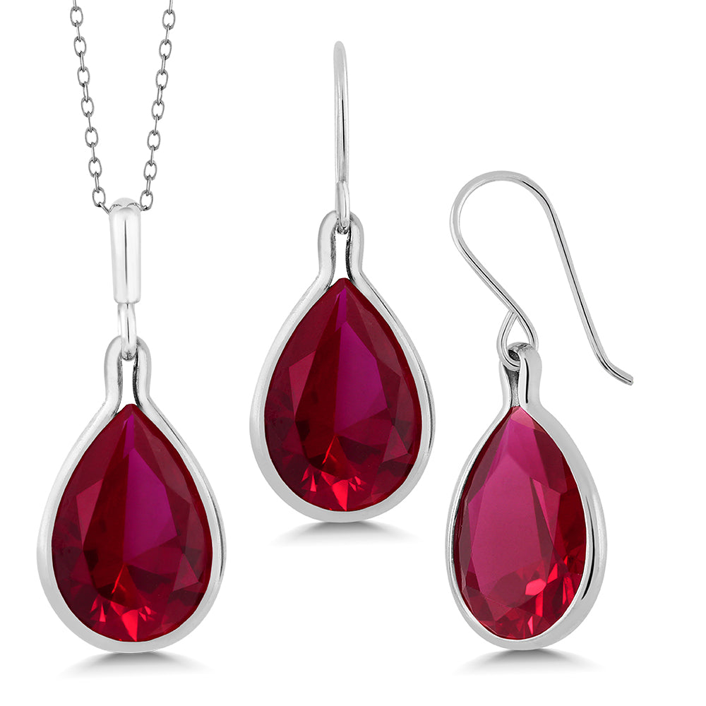 925 Sterling Silver Pear Shape Red Created Ruby Pendant and Earring Set For Women (28.86 Cttw, with 18 Inch Silver Chain)