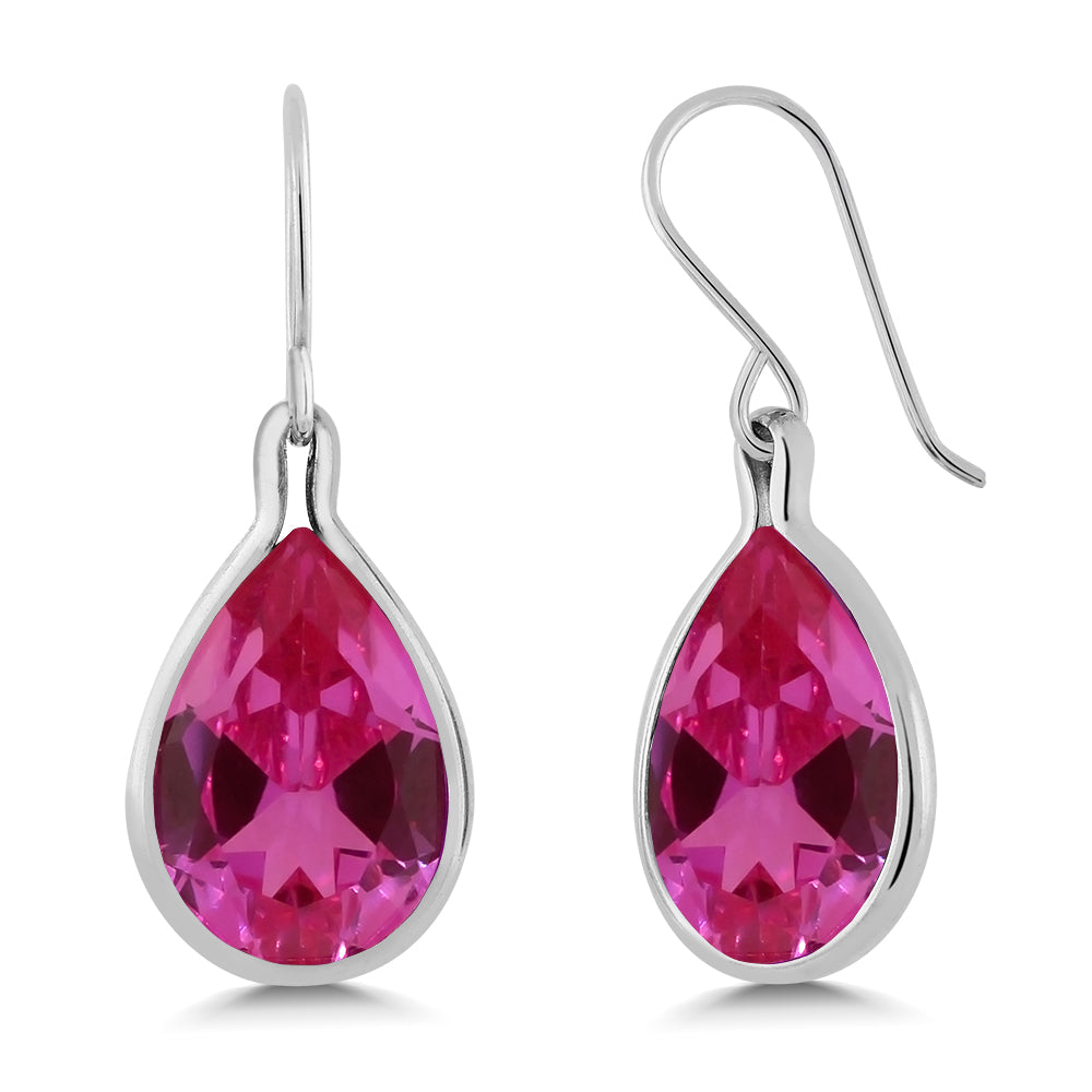 925 Sterling Silver Pink Created Sapphire Dangle Earrings For Women (20.50 Cttw, Pear Shape 16X12MM)