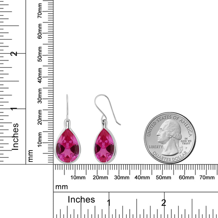 925 Sterling Silver Pink Created Sapphire Dangle Earrings For Women (20.50 Cttw, Pear Shape 16X12MM)