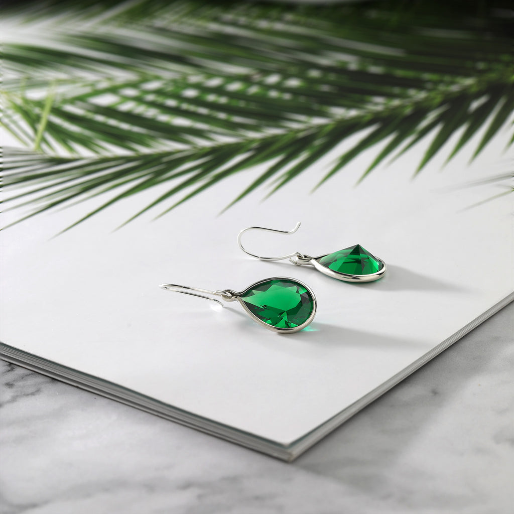 925 Sterling Silver Green Simulated Emerald Teardrop Dangle Earrings F