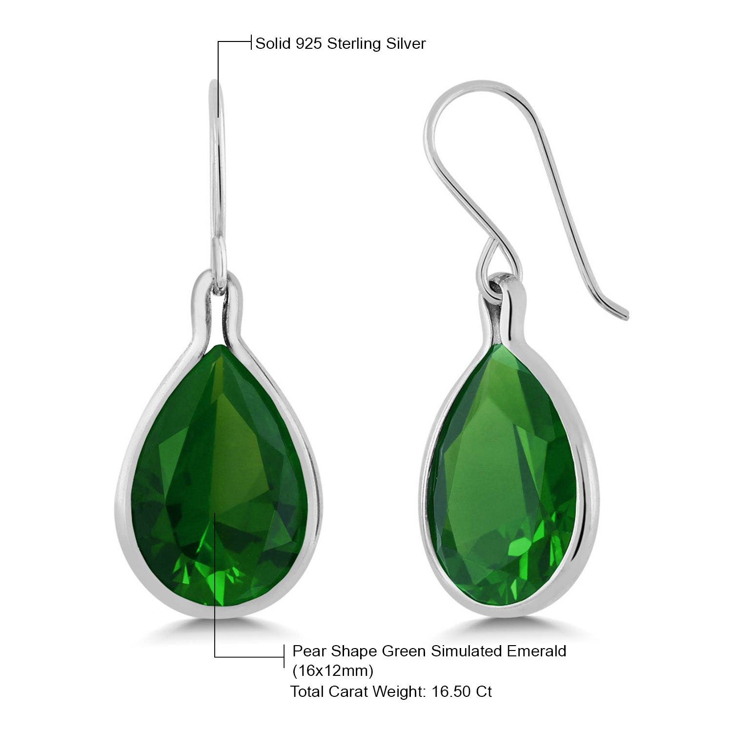 925 Sterling Silver Green Simulated Emerald Teardrop Dangle Earrings For Women | 16.50 Cttw | Pear Shape 16X12MM