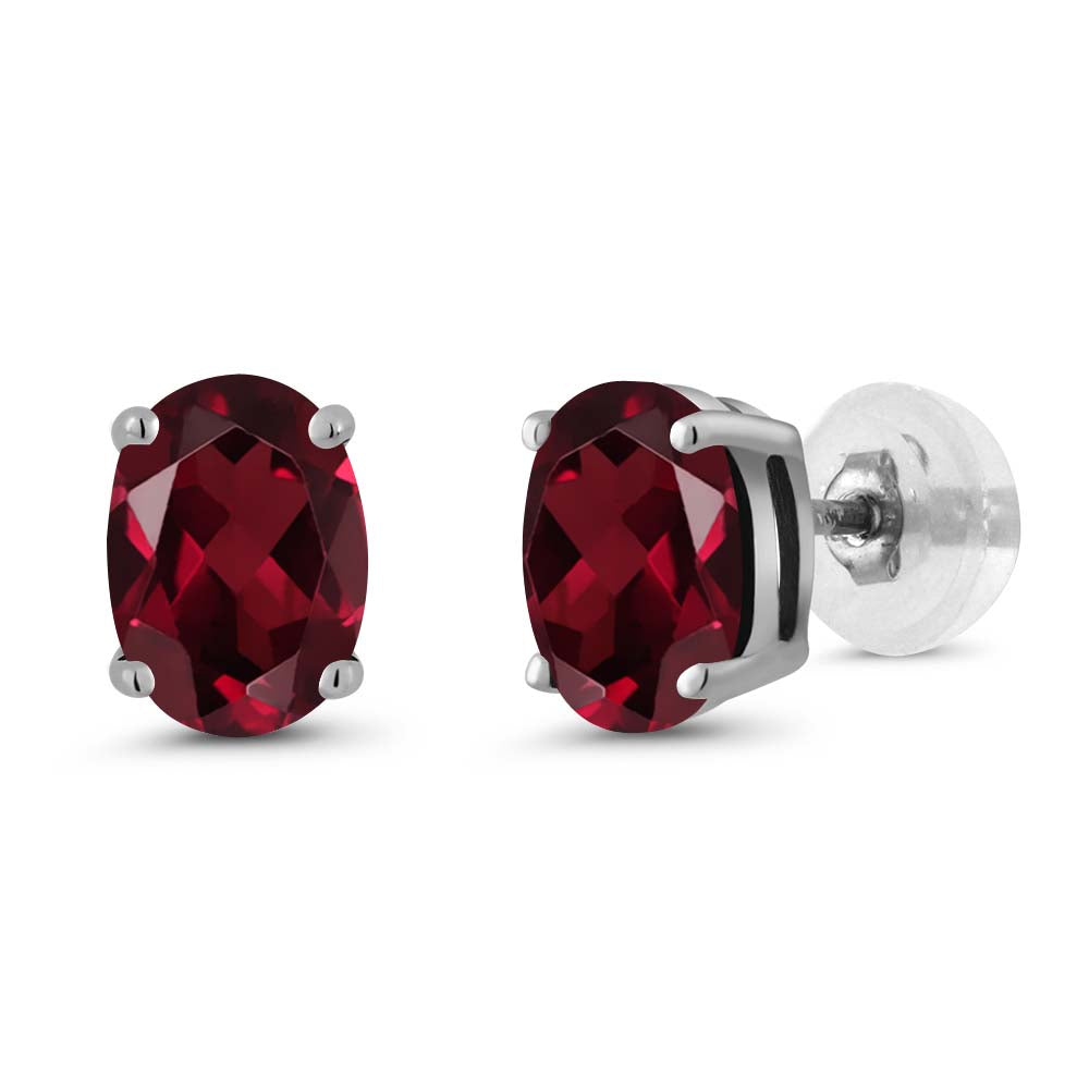 14K White Gold Red Rhodolite Garnet Stud Basket Setting Earrings For Women Men (1.80 Cttw, Gemstone January Birthstone, Oval 7X5MM)