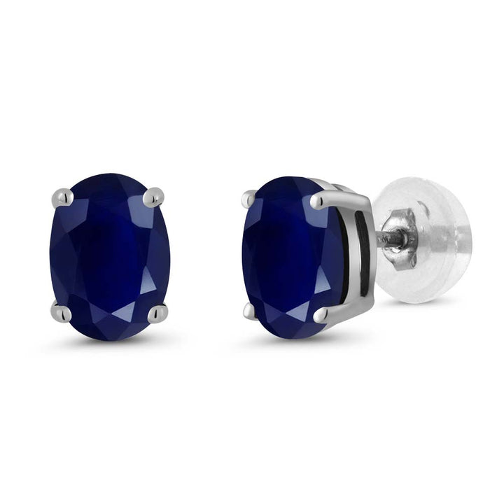 14K White Gold Blue Sapphire Stud Basket Setting Earrings For Women Men (2.04 Cttw, Gemstone September Birthstone, Oval 7X5MM)