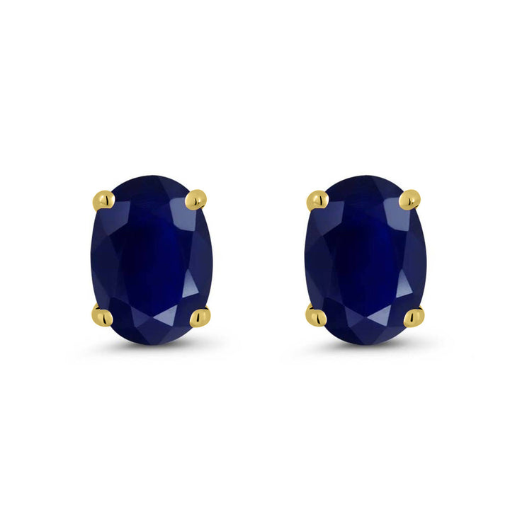 14K Yellow Gold Blue Sapphire Stud Basket Setting Earrings For Women Men (2.04 Cttw, Gemstone September Birthstone, Oval 7X5MM)