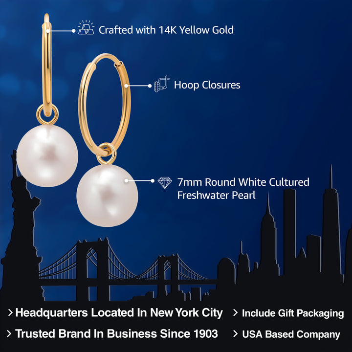 14K Yellow Gold 7MM White Round Shape Cultured Freshwater Pearl Endless Hoop Earrings For Women