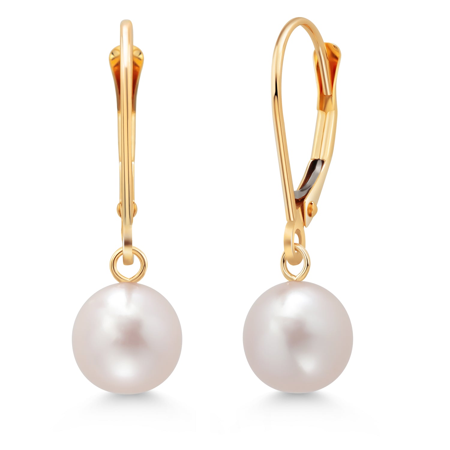 14K Yellow Gold Cultured Freshwater Pearl Earrings For Women, 7MM White Round Shape Dangling