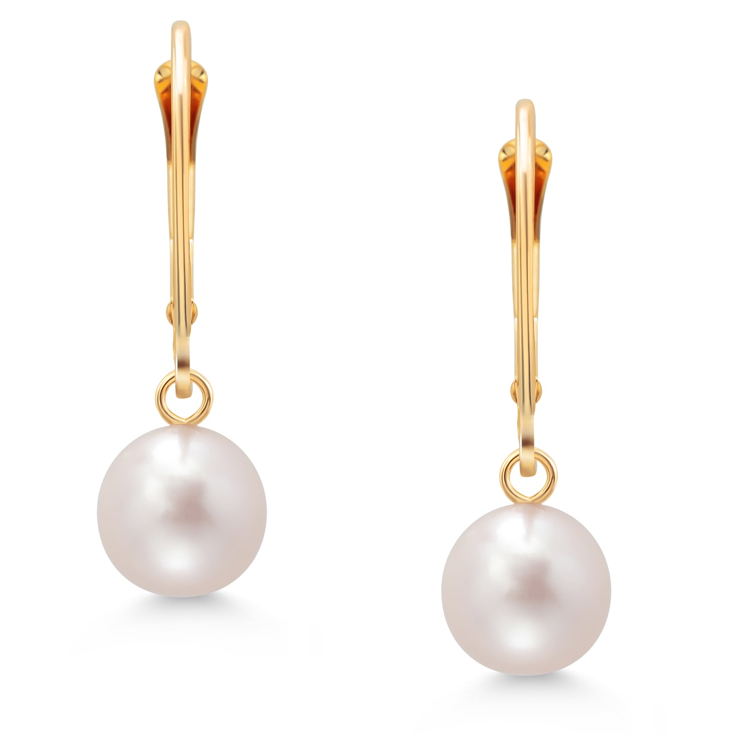 14K Yellow Gold Cultured Freshwater Pearl Earrings For Women, 7MM White Round Shape Dangling