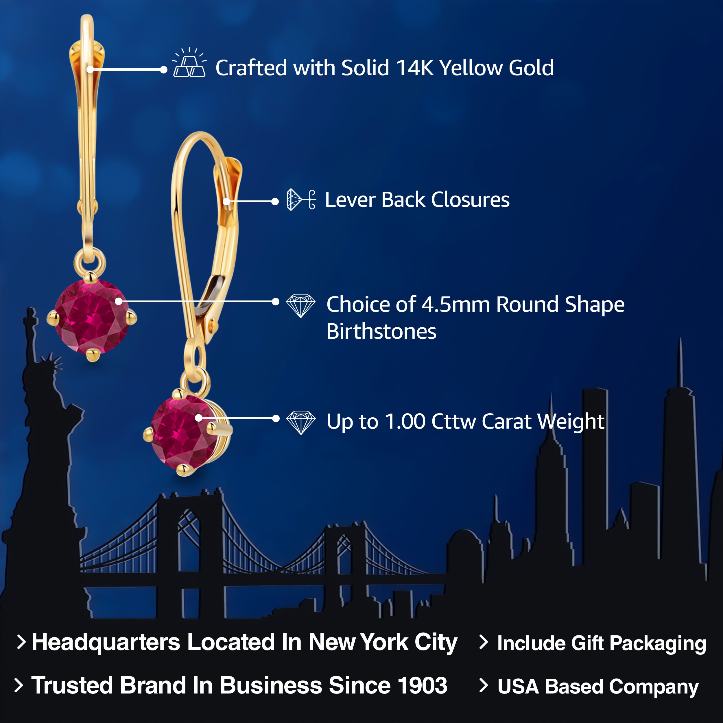 14K Yellow Gold Personalized and Customized Round 4.5MM Gemstone Birthstone Leverback Earrings for Women
