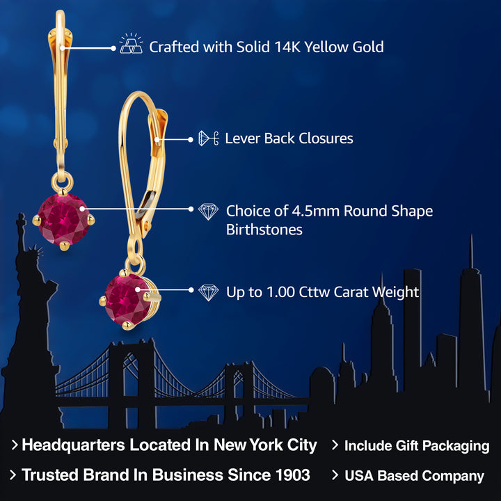 14K Yellow Gold Personalized and Customized Round 4.5MM Gemstone Birthstone Leverback Earrings for Women