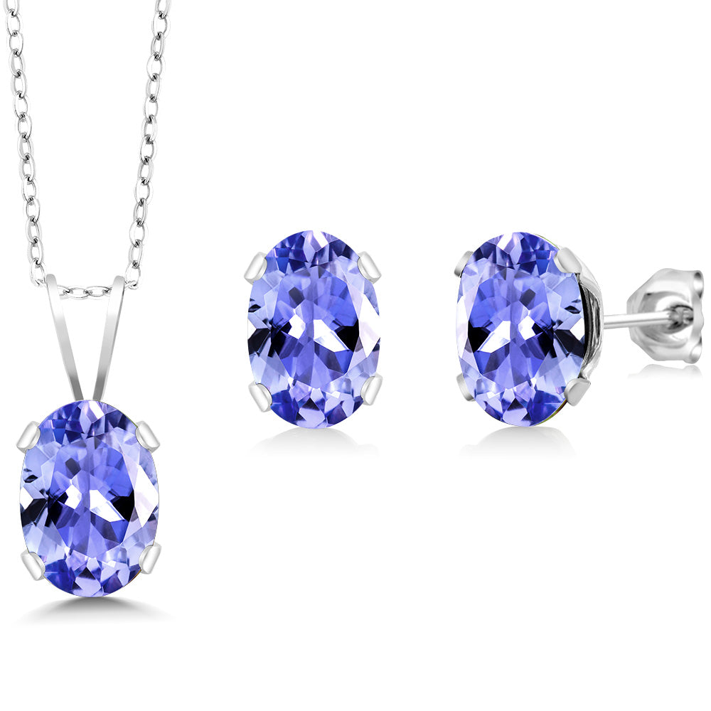 925 Sterling Silver Tanzanite Pendant Necklace Earring Set For Women (1.75 Cttw, Oval 7X5MM and 6X4MM, Gemstone Birthstone, With 18 Inch Silver Chain)