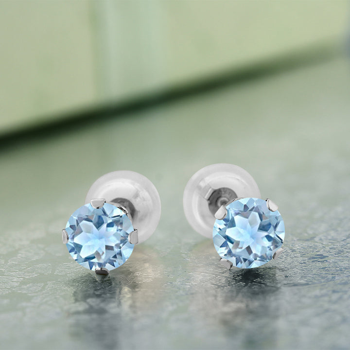 14K White Gold Sky Blue Topaz Stud Earrings For Women Men (1.20 Cttw, Gemstone Birthstone, Round 5MM)