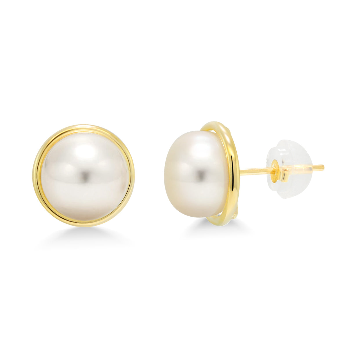 14K Yellow Gold 8MM White Button Shape Cultured Freshwater Pearl Stud Earrings For Women